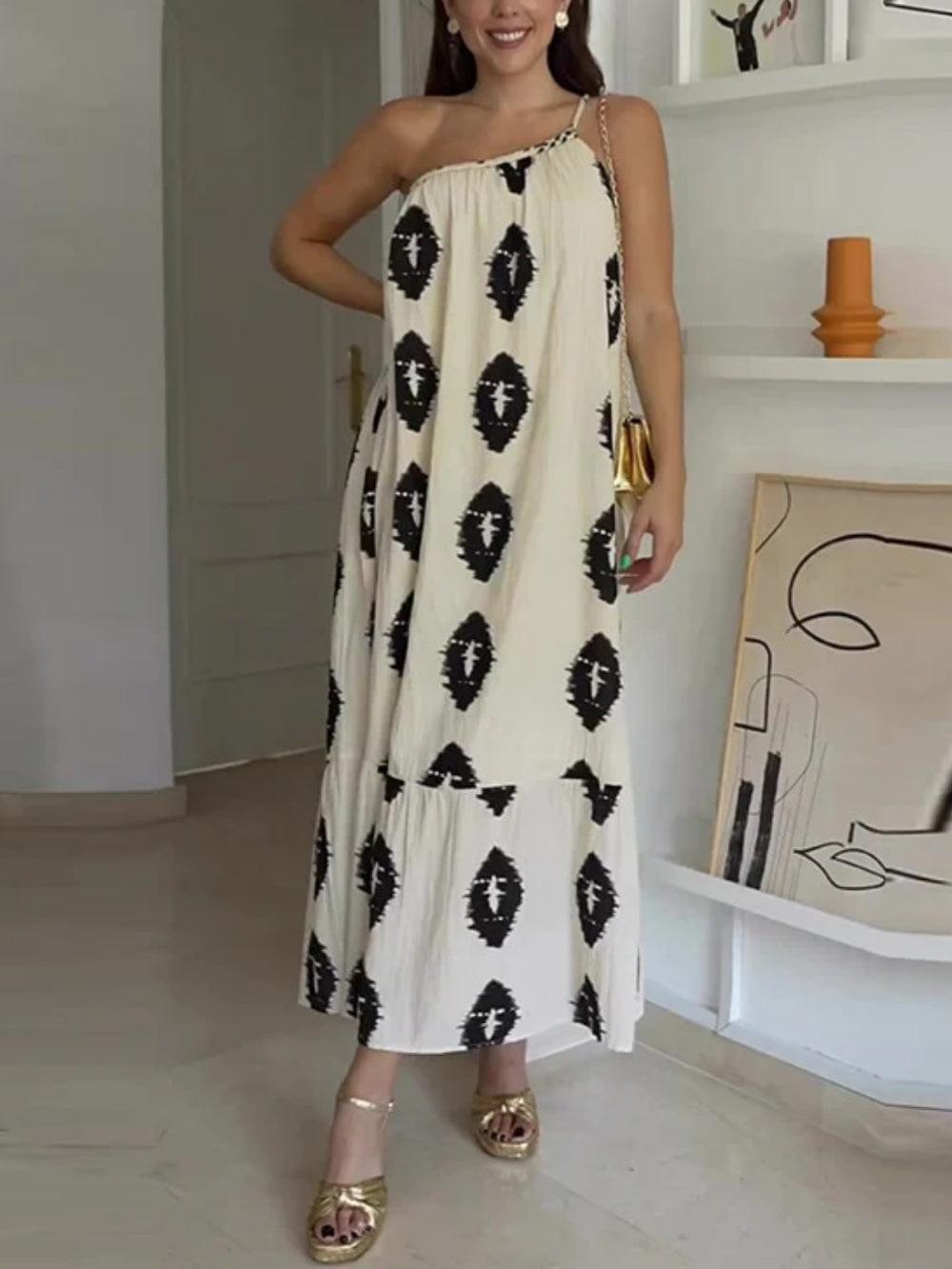 Sunshine Ethnic Print One Shoulder Loose Maxi Dress