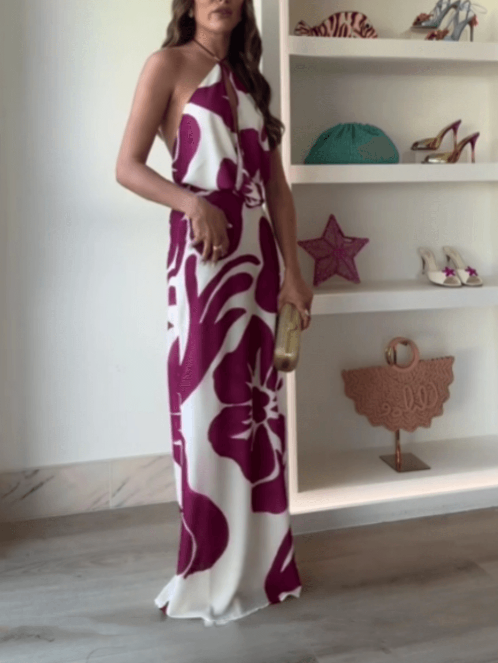 Printed hollow halter neck maxi dress