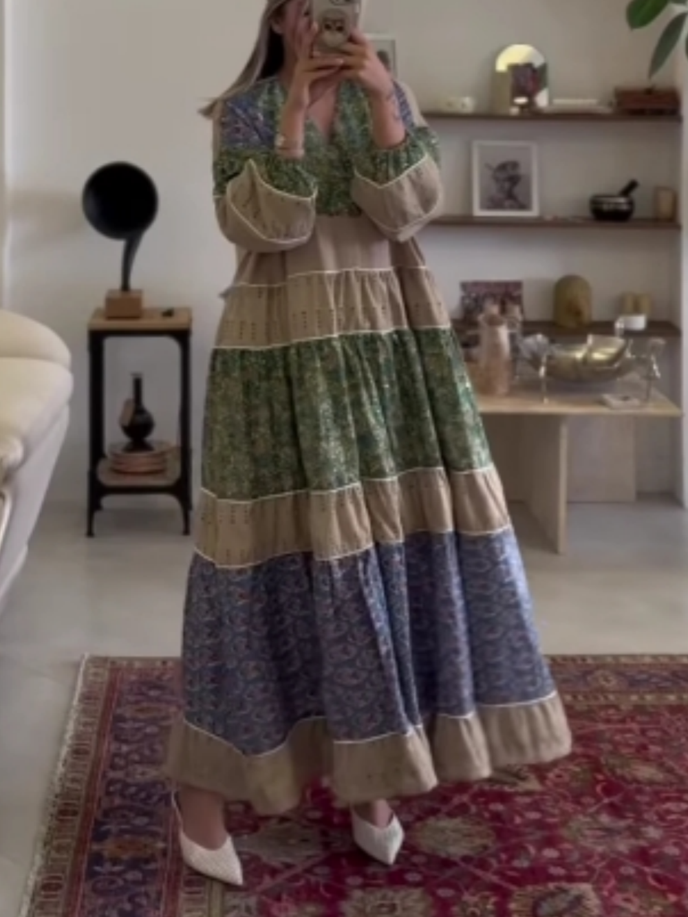 V-neck colorblock loose puffy dress