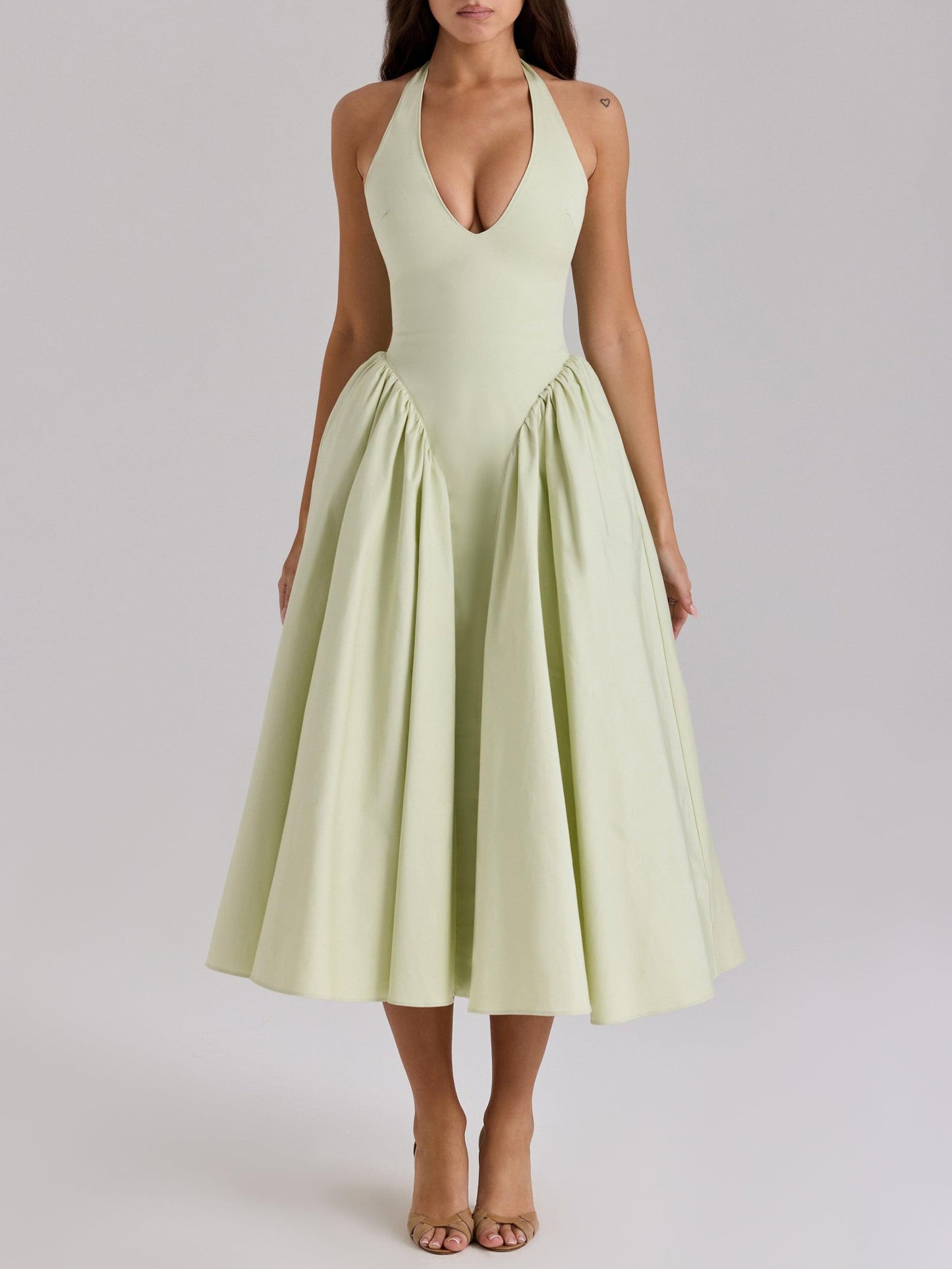 Deep V halter neck A-line midi dress