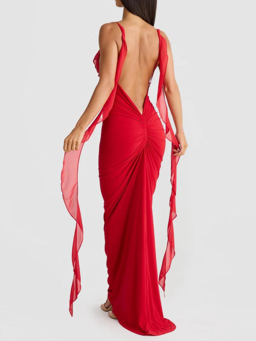 Rose-patterned ruffled lace maxi dress