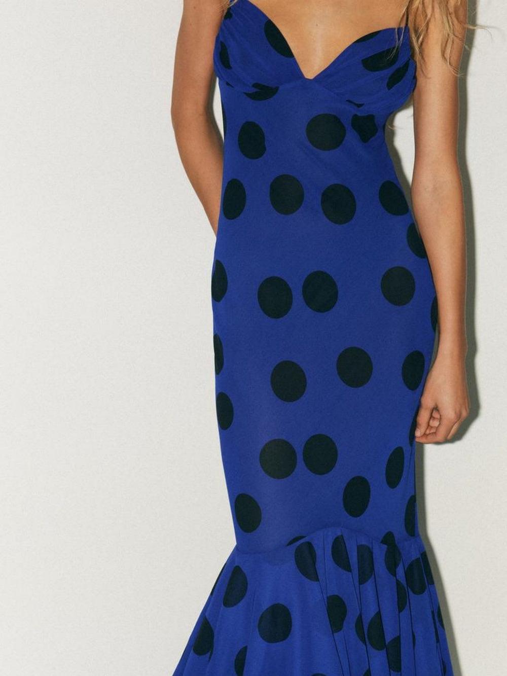 Polka dot suspender fishtail maxi dress