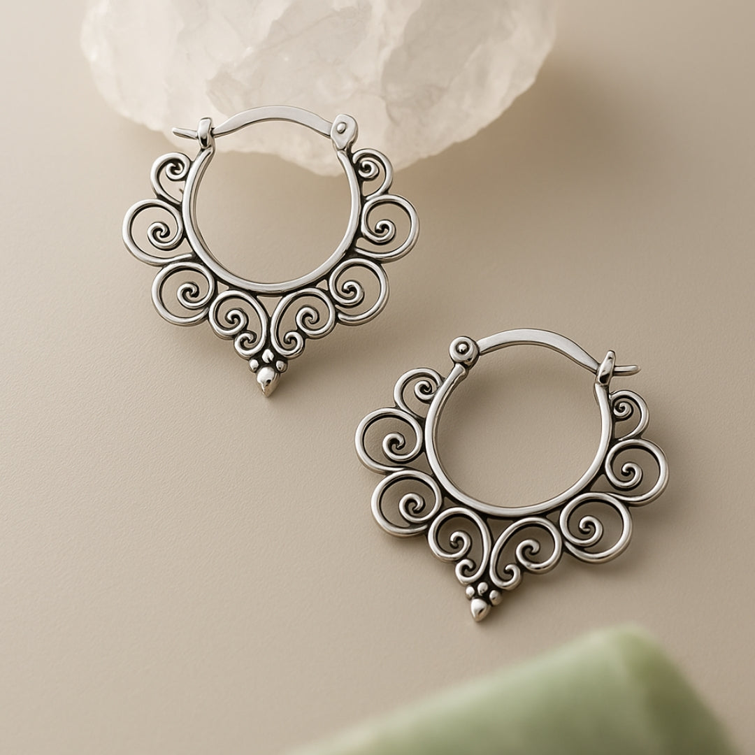 Vintage Silver Ivy Hoop Earrings