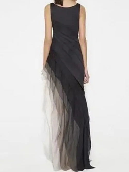 Black High Waist Tulle SleeGradientveless Maxi Dress