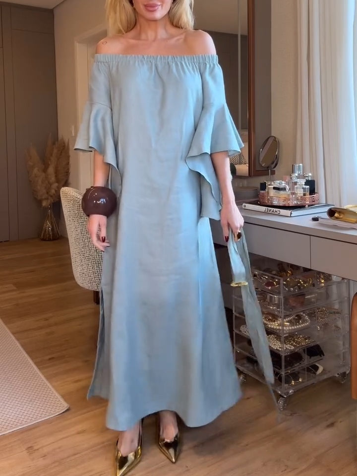 Light Blue Cotton Off-shoulder Maxi Dress