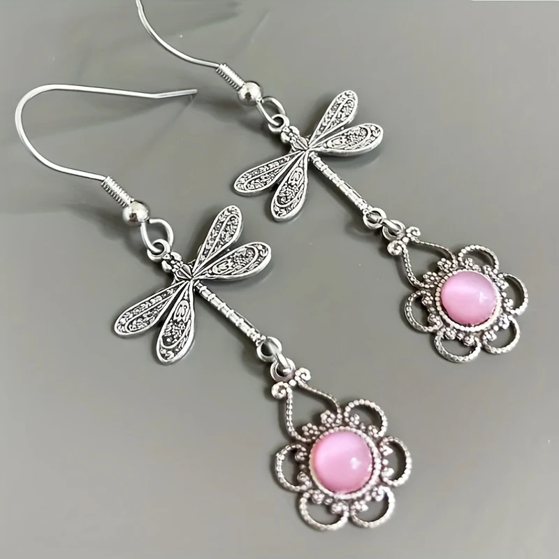 Dangling Dragonfly Pink Stone Earrings