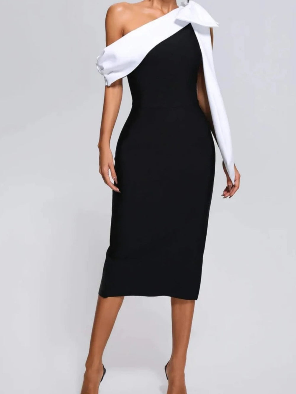 Contrast color stitching bow one shoulder dress