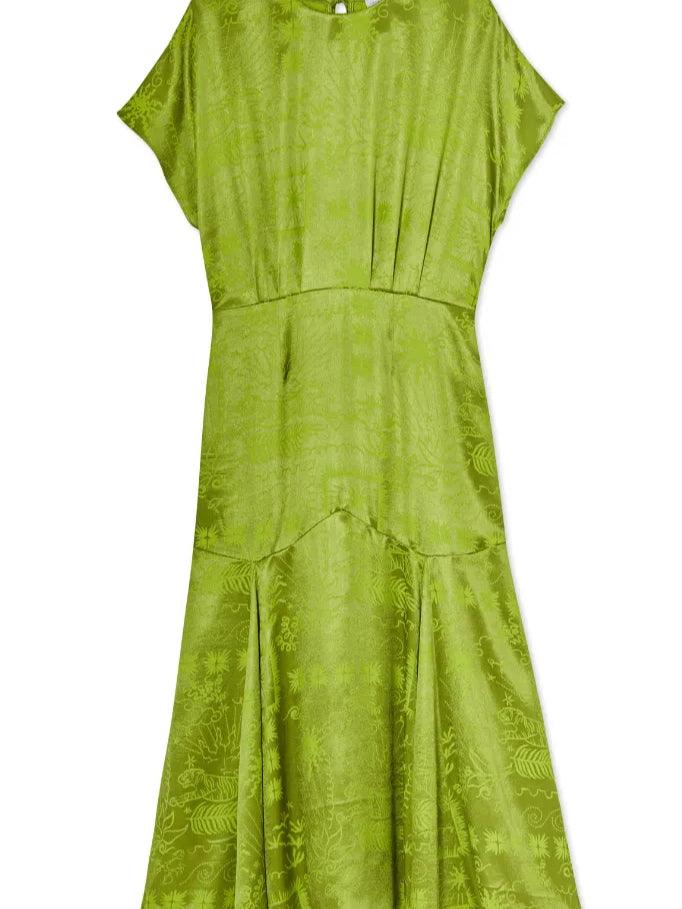 Lime Green Satin Print Elegant Dress