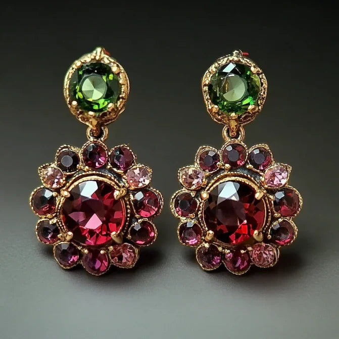 Vintage Garnet & Green Crystal Flower Earrings