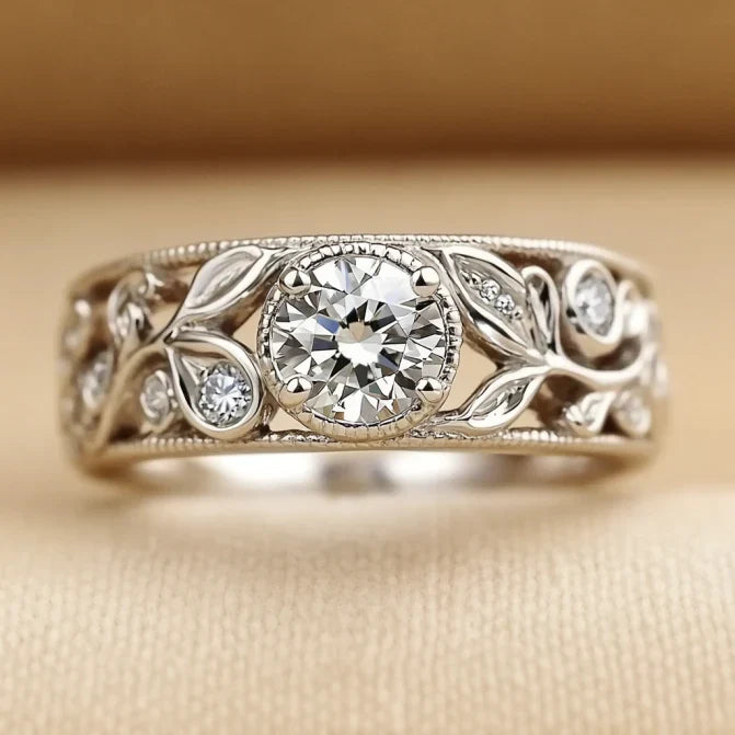 Vintage Bright Hollow Leaf Silver Ring