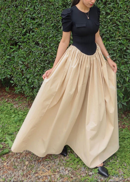 Women's Black Short Sleeved Shirt One-piece Maxi Dress