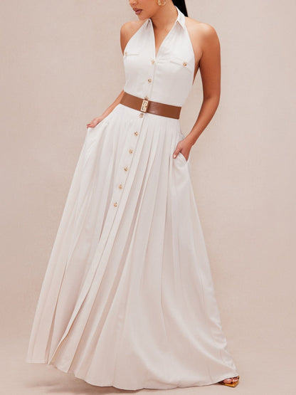 Beige Button Pleated Dress