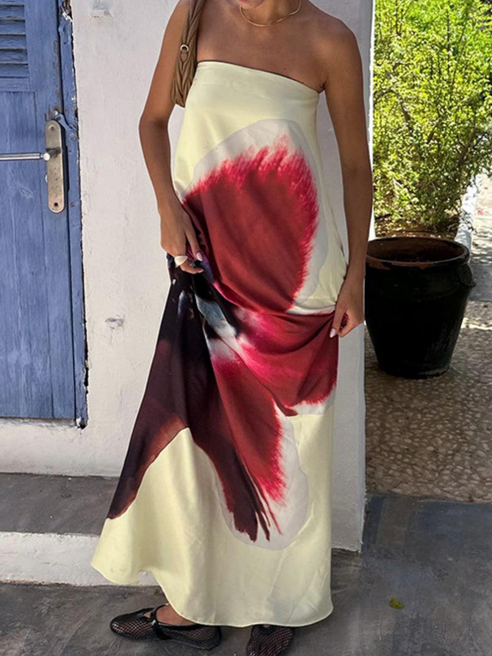 Printed tube top open back high waist dress