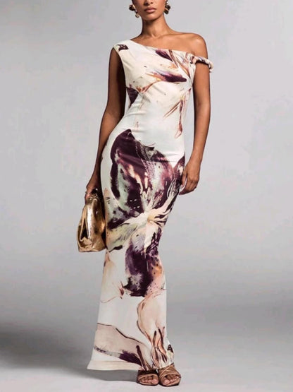 Printed pleated one-shoulder maxi dress