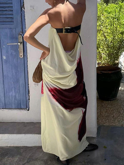 Printed tube top open back high waist dress