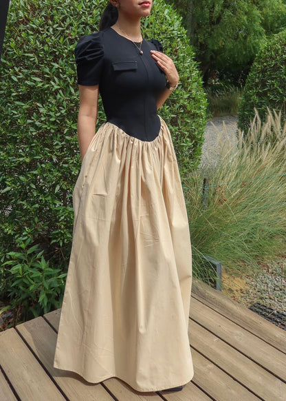 Women's Black Short Sleeved Shirt One-piece Maxi Dress