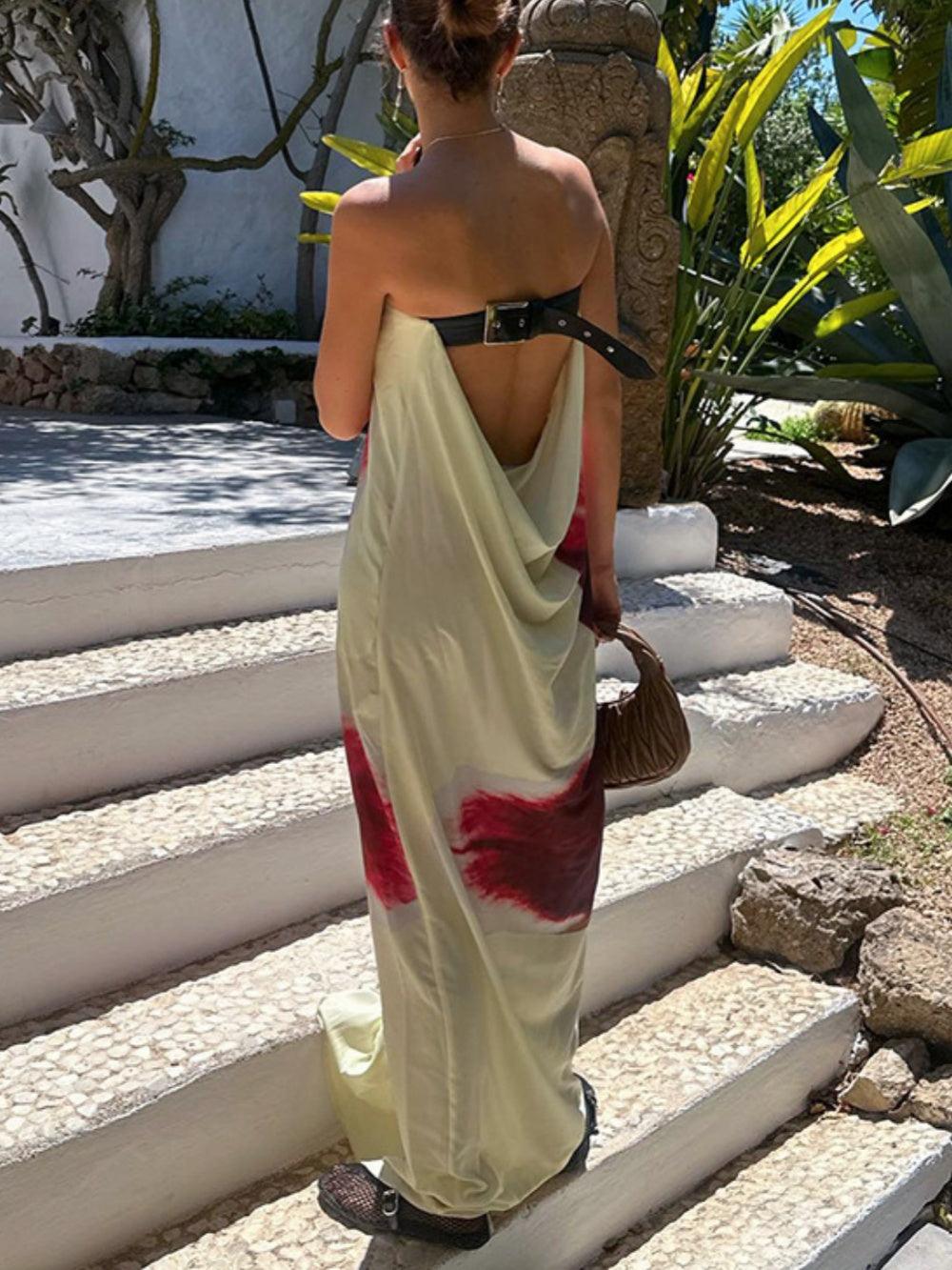 Printed tube top open back high waist dress