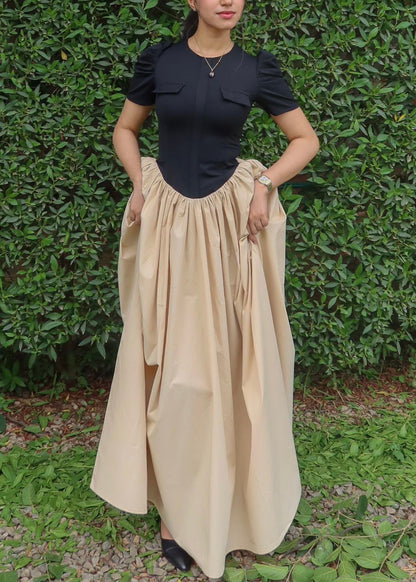 Women's Black Short Sleeved Shirt One-piece Maxi Dress