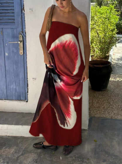 Printed tube top open back high waist dress