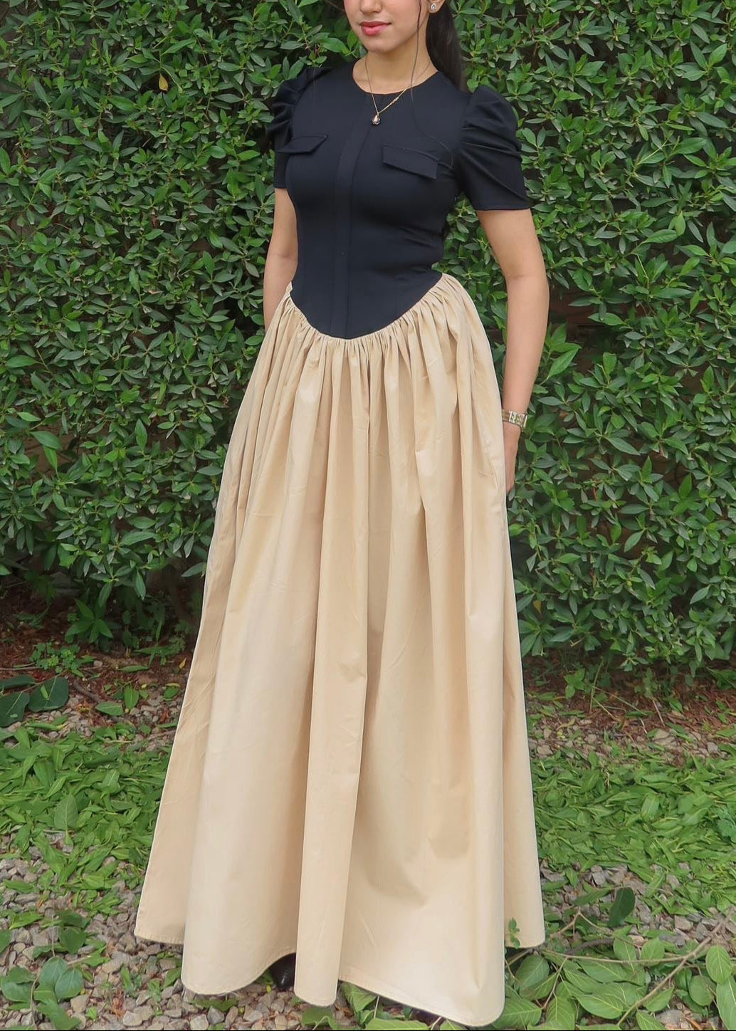 Women's Black Short Sleeved Shirt One-piece Maxi Dress