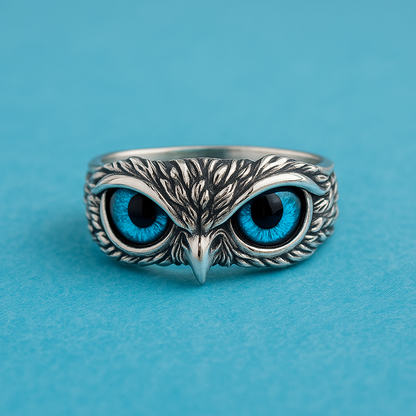 Owl of Good Luck Adjustable Ring in Silver and Opal