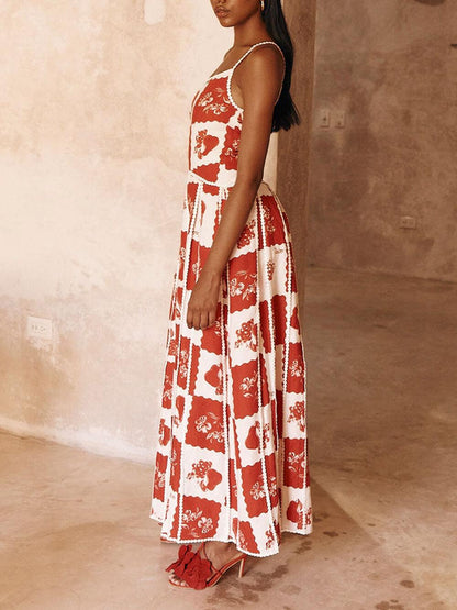 Unique Printed Floral Trim One Shoulder Flared Maxi Dress