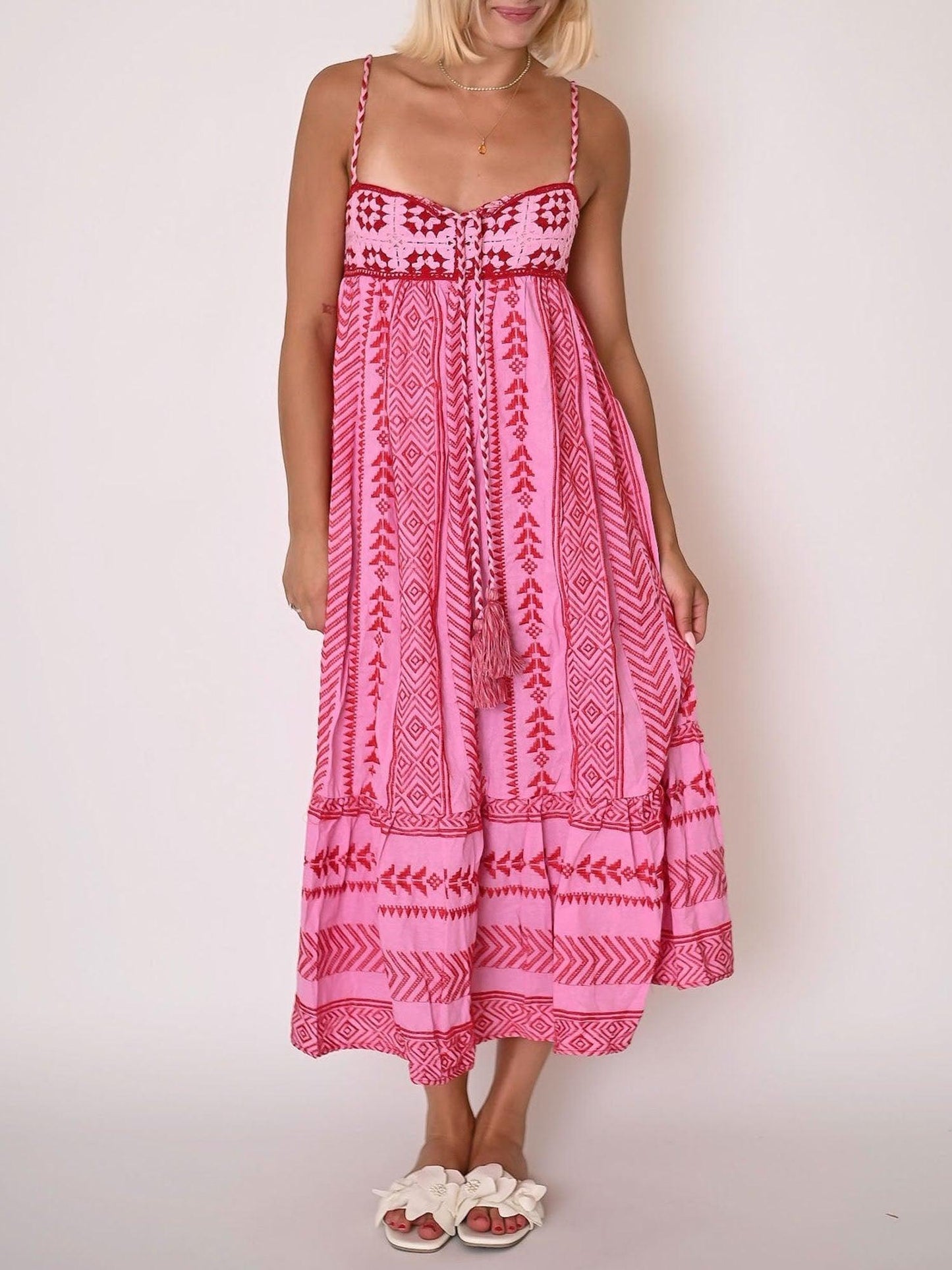 Pink Embroidered Midi Dress