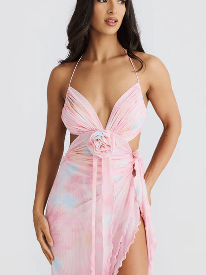 Backless hanging rope sleeveless personalized slit ribbon dress