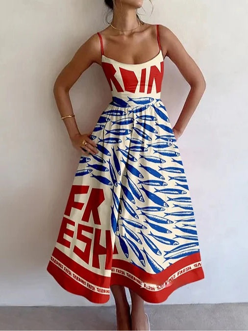 Vintage Sardine Print Suspender Dress