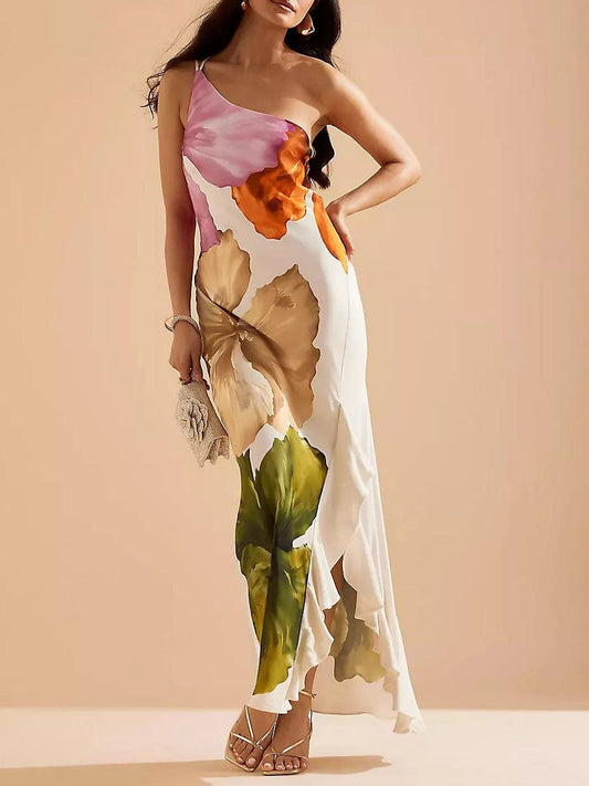 Elegant Exquisite Floral Print One-shoulder Maxi Dress