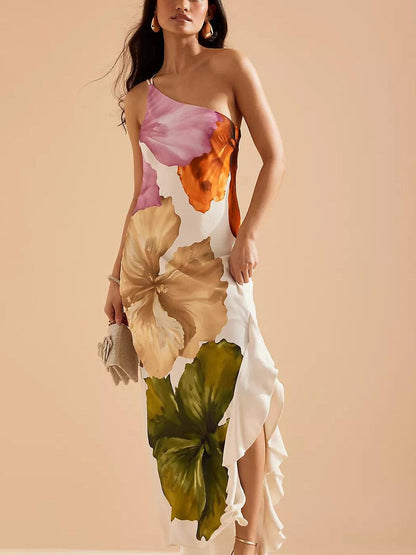 Elegant Exquisite Floral Print One-shoulder Maxi Dress