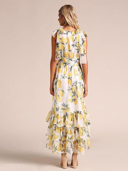 Lemon Print Lace Holiday Maxi Dress