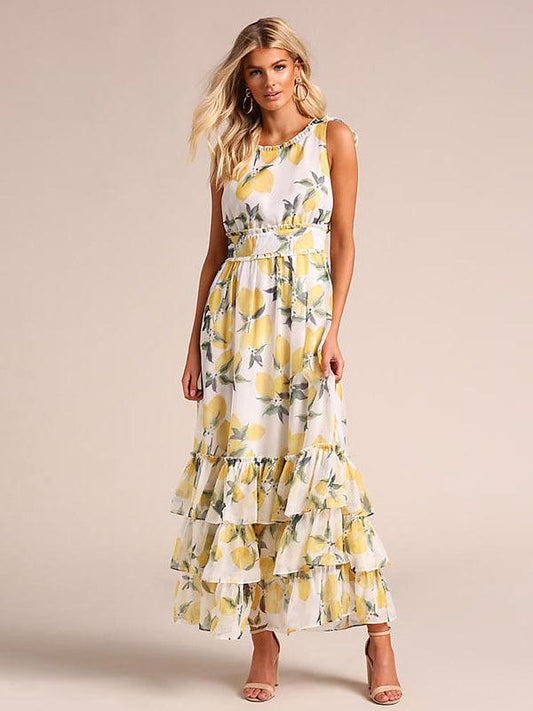 Lemon Print Lace Holiday Maxi Dress