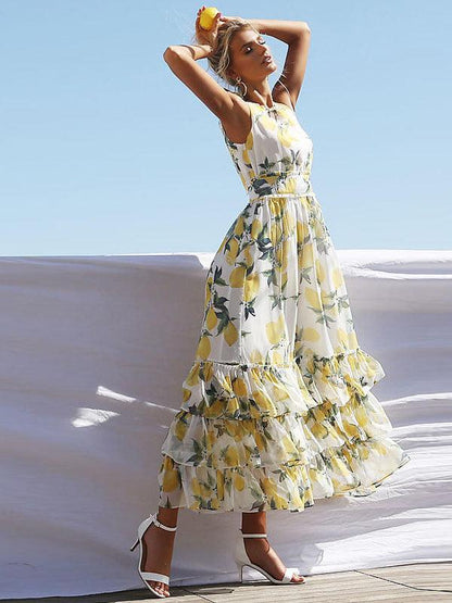 Lemon Print Lace Holiday Maxi Dress