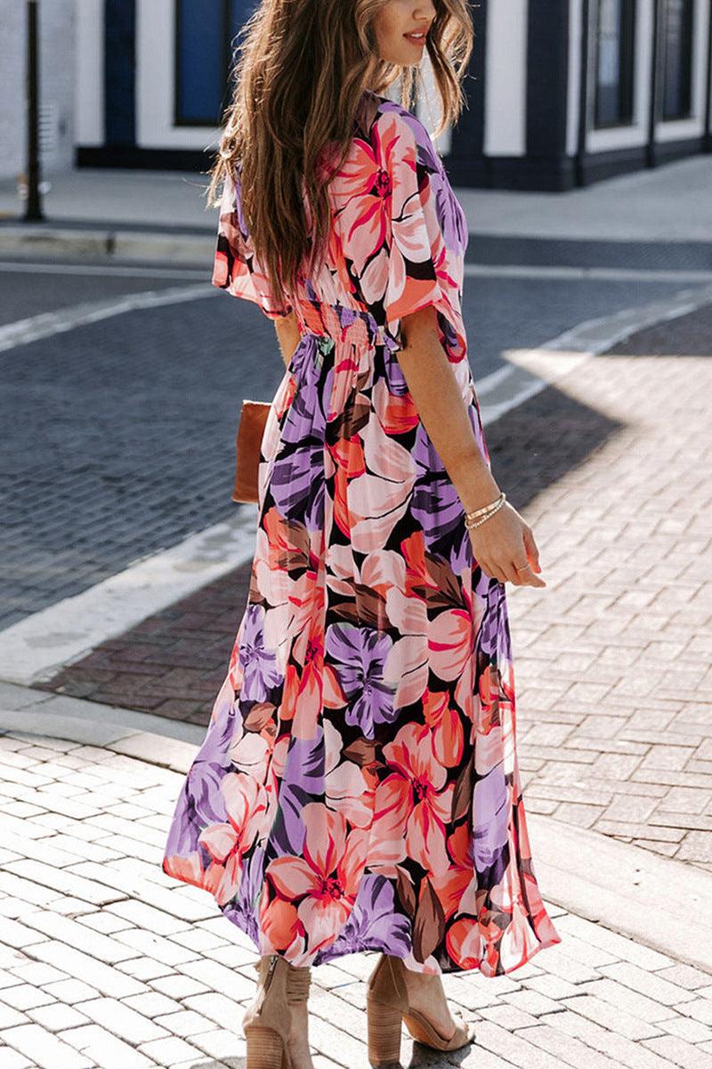 Floral Plunge Half Sleeve Dress