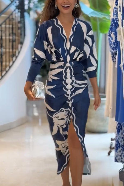 Unique Print Dolman Long Sleeve Ruched Slit Midi Dress