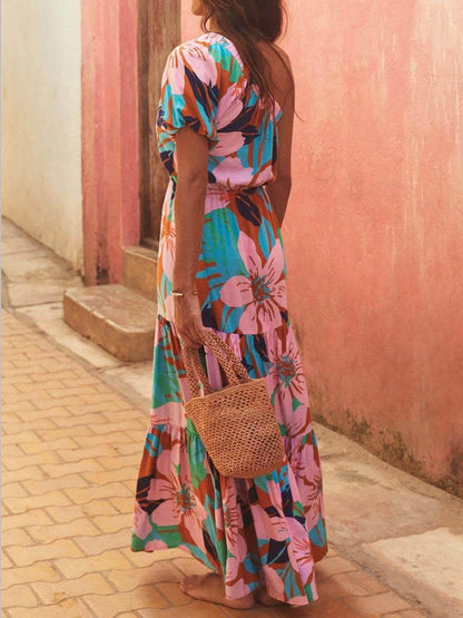 Off-Shoulder Palm Leaf Print Holiday Style Floral Dress