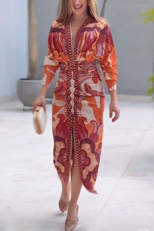 Unique Print Dolman Long Sleeve Ruched Slit Midi Dress