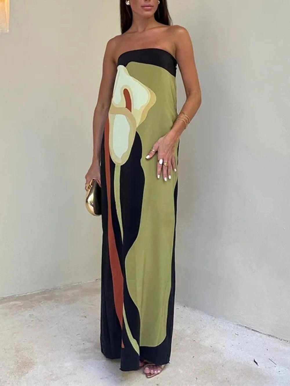 Strapless Color Block Printed Maxi Party Dress