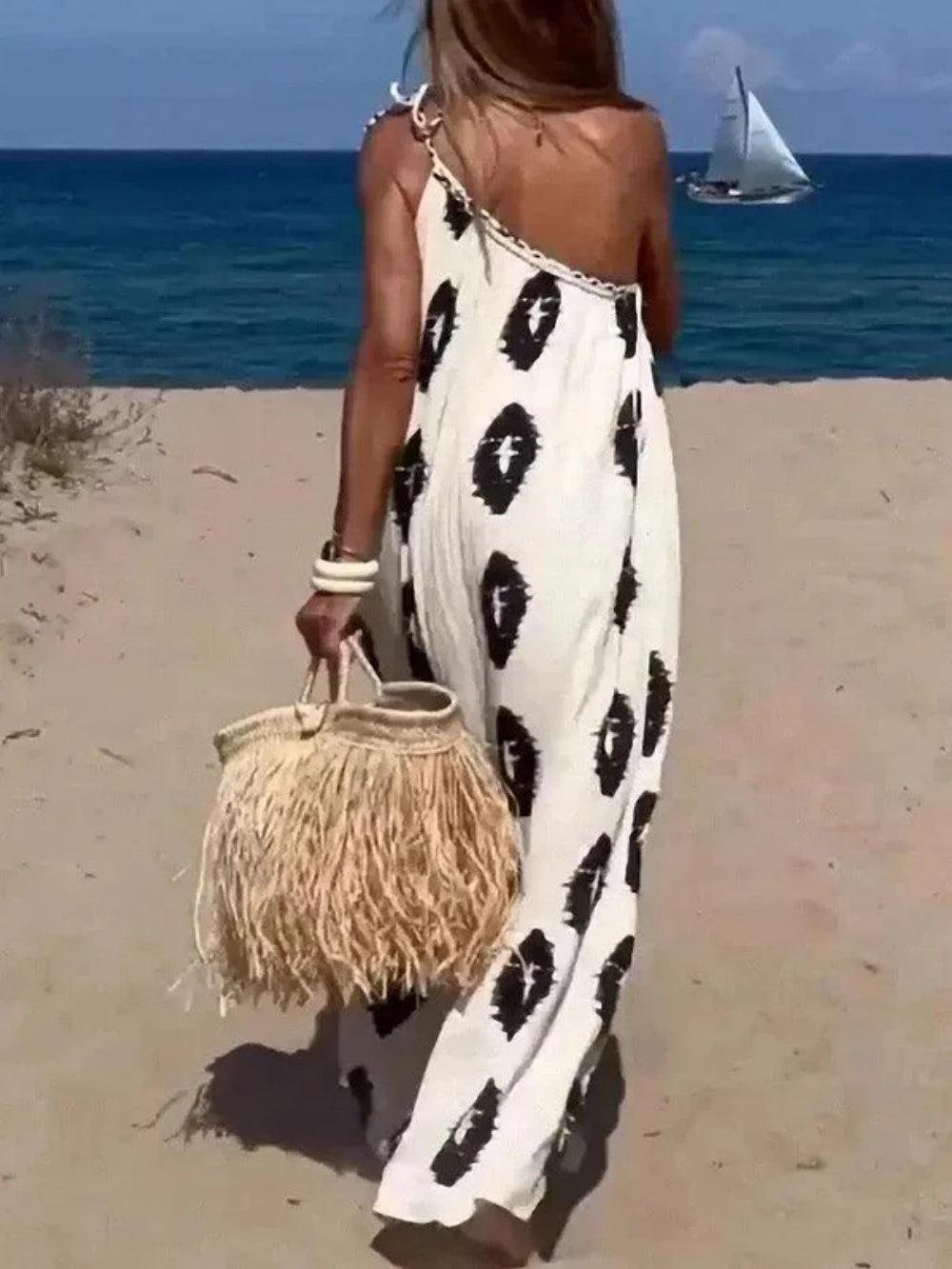 Sunshine Ethnic Print One Shoulder Loose Maxi Dress