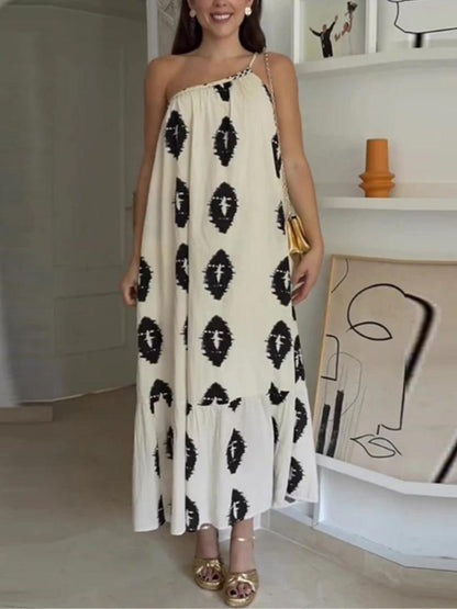 Sunshine Ethnic Print One Shoulder Loose Maxi Dress