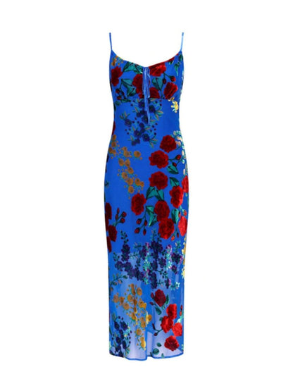 Blue Strap Floral Midi Dress