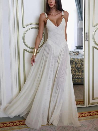 Julie Plunge Neck Semi-sheer Mesh Maxi Dress