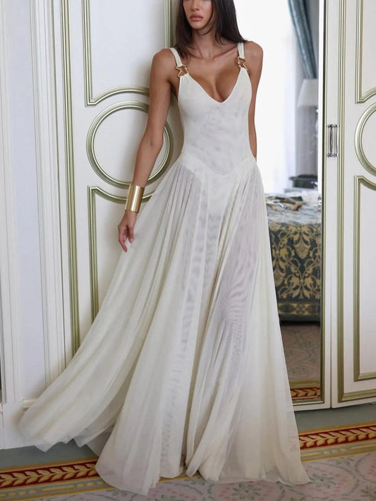 Julie Plunge Neck Semi-sheer Mesh Maxi Dress