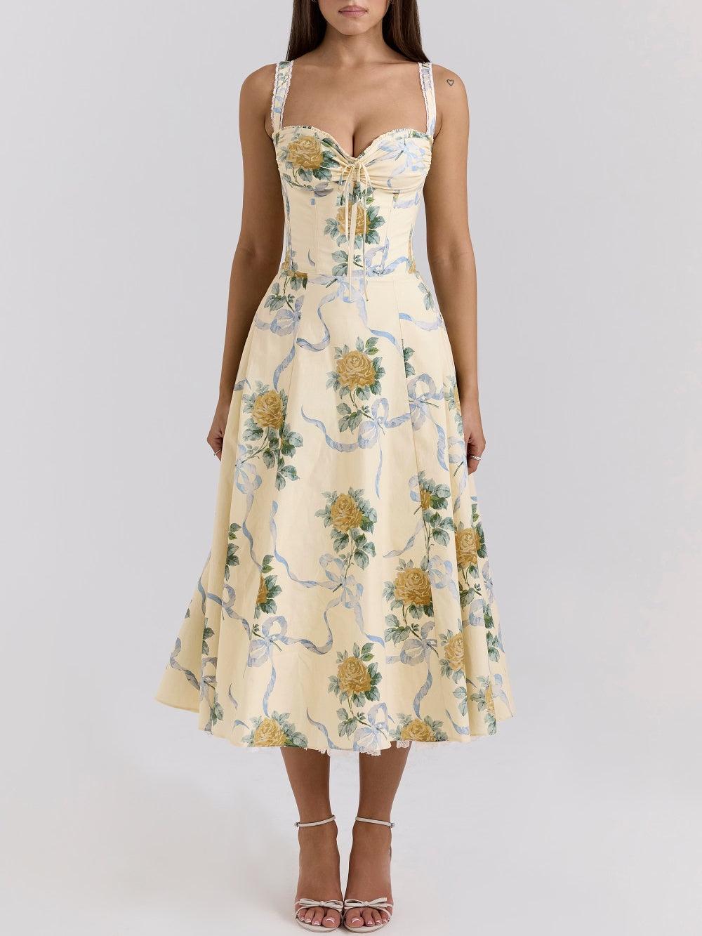 lemon vintage ribbon print cotton midi dress