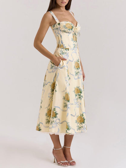 lemon vintage ribbon print cotton midi dress