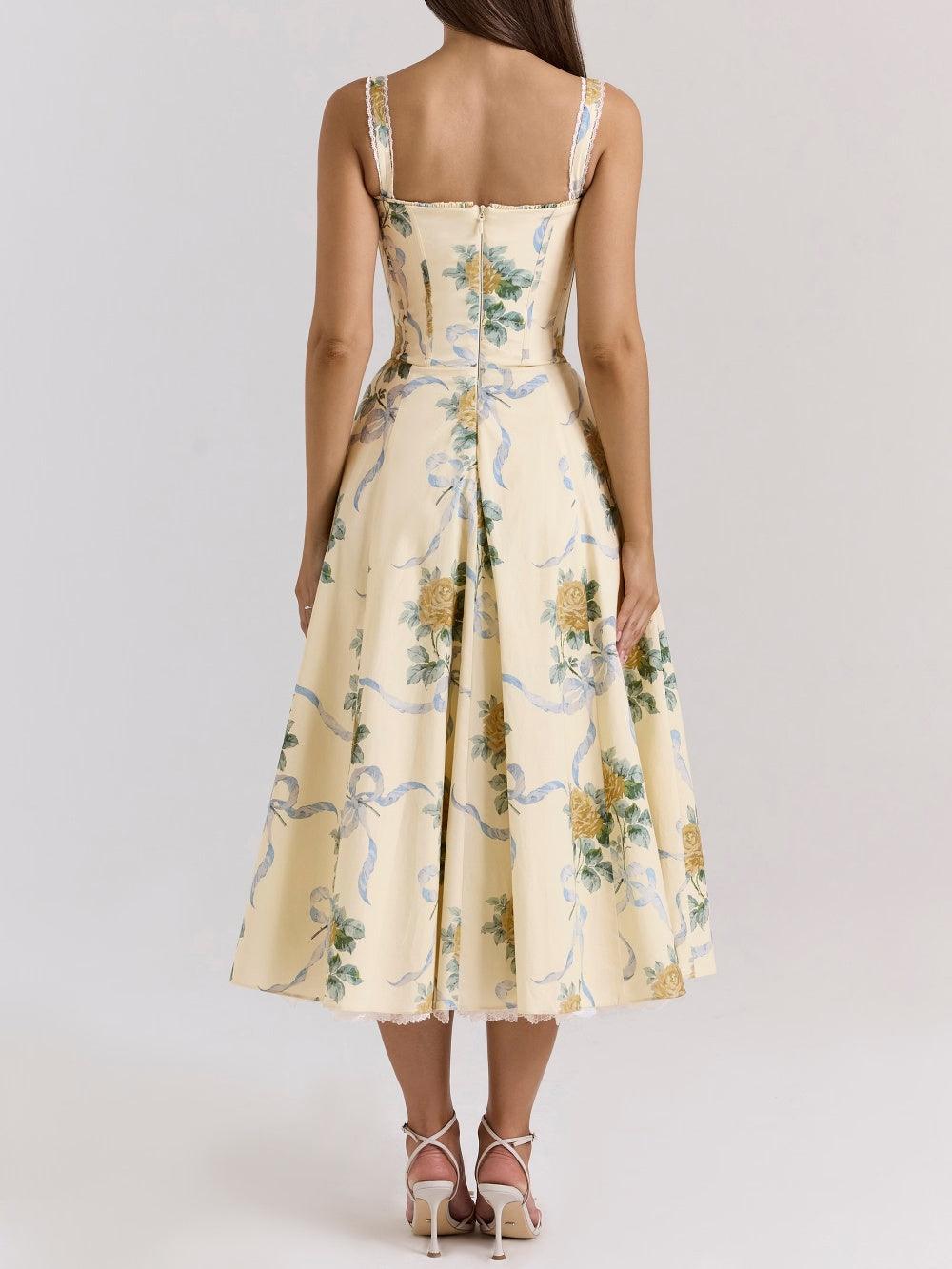 lemon vintage ribbon print cotton midi dress