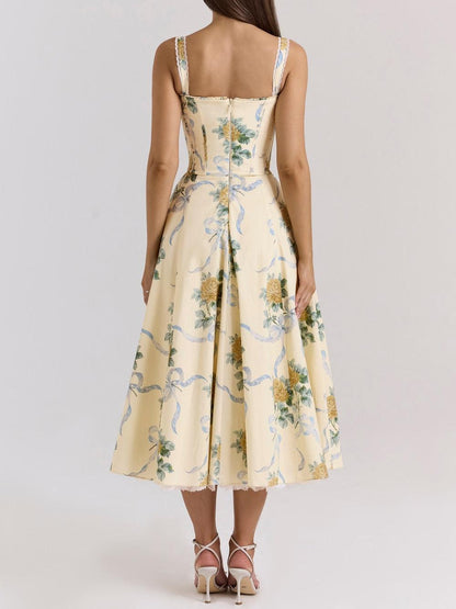 lemon vintage ribbon print cotton midi dress
