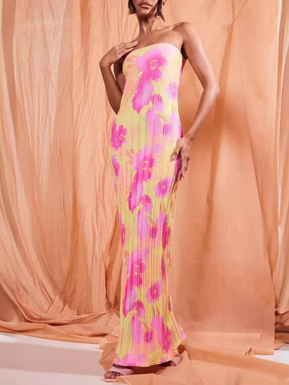 Abstract Floral Print Tied Open Back Pleated Strapless Maxi Tube Dress