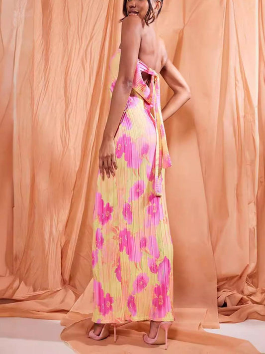 Abstract Floral Print Tied Open Back Pleated Strapless Maxi Tube Dress